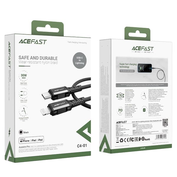 MFI-kaapeli iPhonelle USB-C - Lightning 30W 3A 1.8m musta
