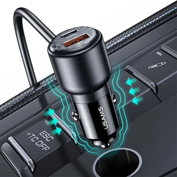 USAMS C40 Biloplader 3xUSB+2xUSB-C 165W PD+QC Hurtigopladning Sort