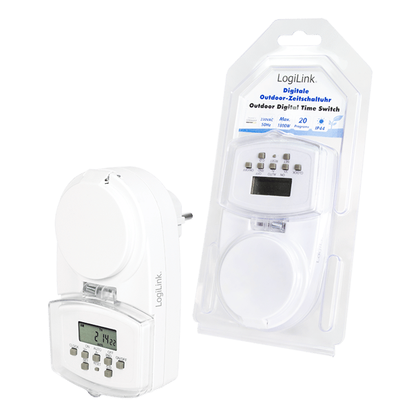 Digital udendørs timer IP44 LogiLink LCD stikkontaktprogrammerer 20 programmer