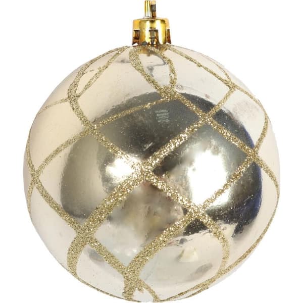 Set med 4 julgranskulor i plast 8 cm - guld med glitterdekor