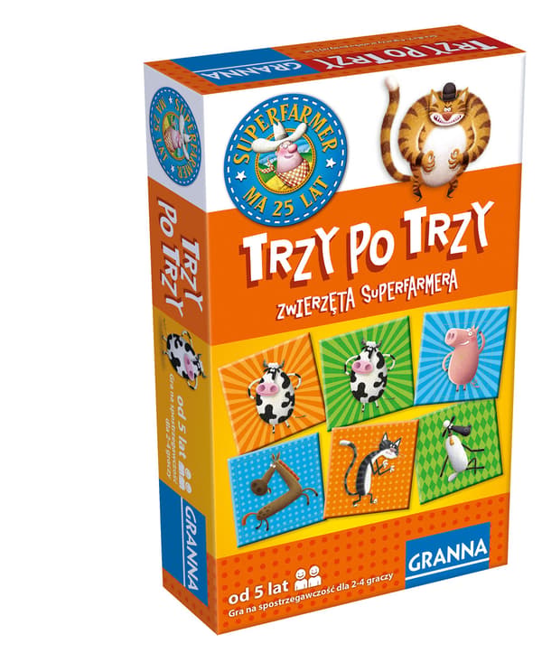 Tre og tre. Superfarmerdyr. Brætspil. Bedstemor