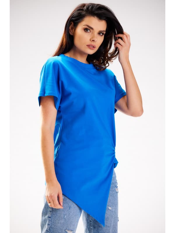 Asymmetrisk kortärmad bomullsblus, blå L/XL