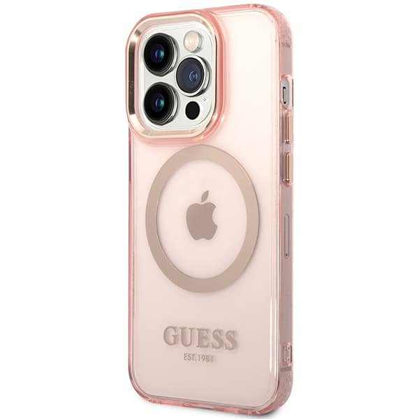 Guess Gold Outline Translucent MagSafe-etui til iPhone 14 Pro Max, lyserød