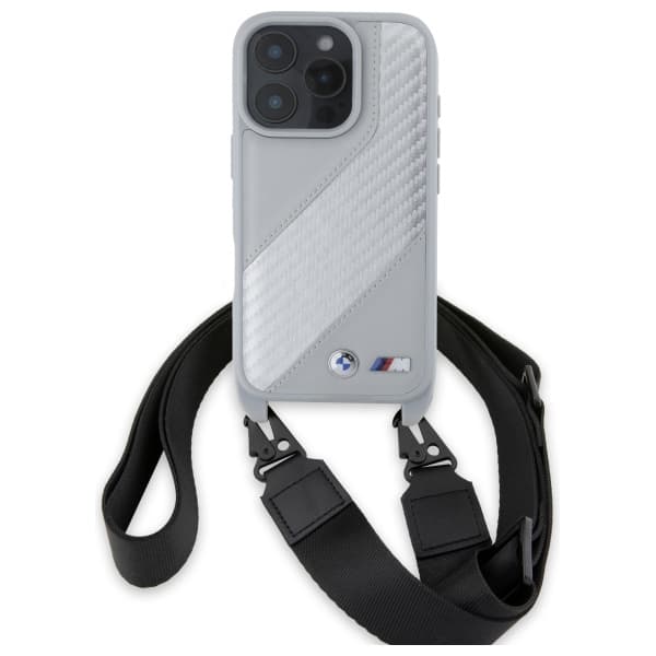 BMW M Edition Carbon Stripe & Strap -kotelo iPhone 16 Prolle, harmaa
