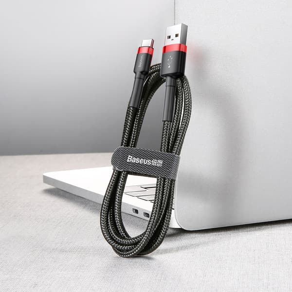 Holdbart nylonkabel USB - USB-C QC3.0 3A 0,5M sort og rød