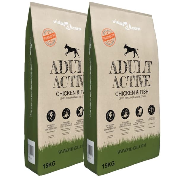 vidaXL Adult Active kylling- og fisktørfoder til hunde, 2 stk., 30 kg