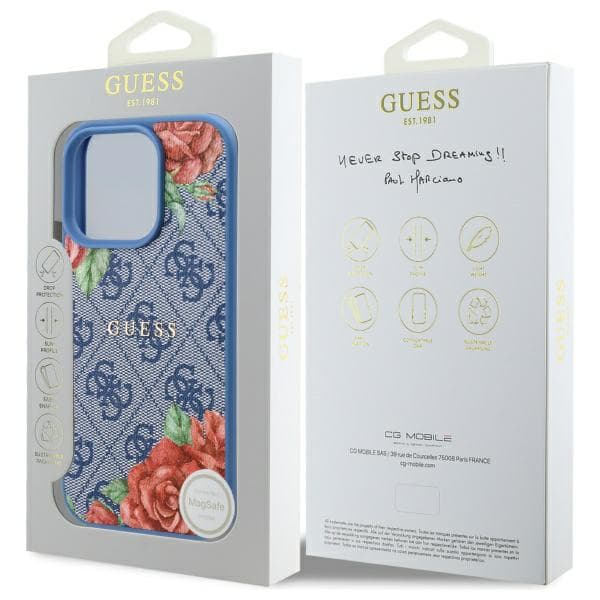 Guess 4G Flowers Print MagSafe-etui til iPhone 16 Pro, blå