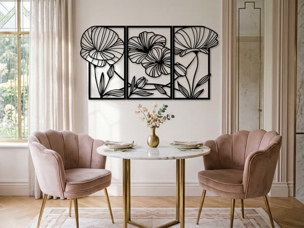 STOR VÄGGDEKORATION "3D-BLOMMOR TRIPTYK" + EXTRA 3D-BLOMMOR TABLETTER 150 X 80 CM