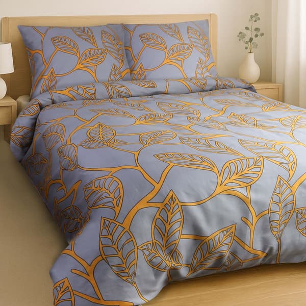 Bomullssängkläder 180x200 satin BOMULL grå med solgula blad