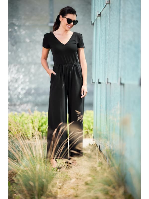 Jumpsuit med vide ben og V-hals i bomuld, sort M