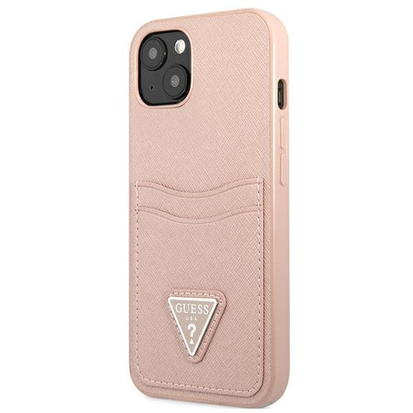 Guess Saffiano Triangle Logo Cardslot-etui til iPhone 13, lyserød