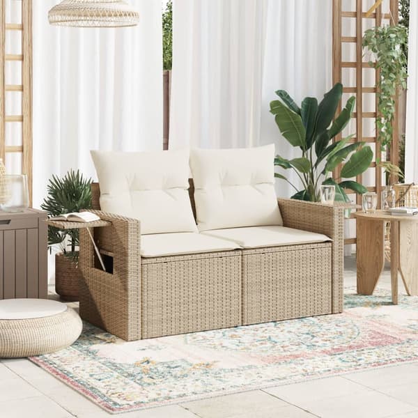 vidaXL Trädgårdssoffa med kuddar, 2-sits, beige, polyrotting