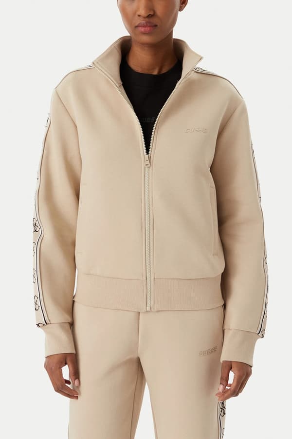 Guess Beige Damesweatshirt med Lynlås og Striber Britney M