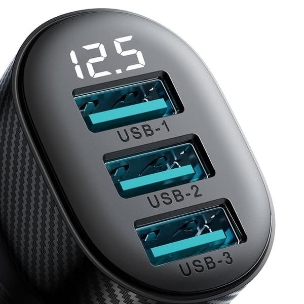 3.4A Biloplader med Display 3x USB-A Sort