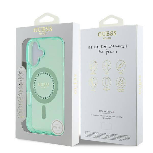 Guess IML Rhinestones MagSafe-etui til iPhone 16 Plus, Grøn