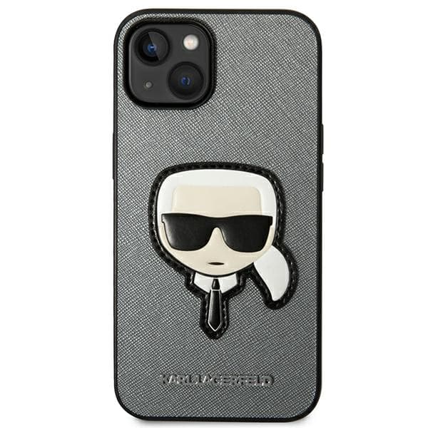 Karl Lagerfeld Saffiano Karl`s Head Patch-etui til iPhone 14 Plus, sølv