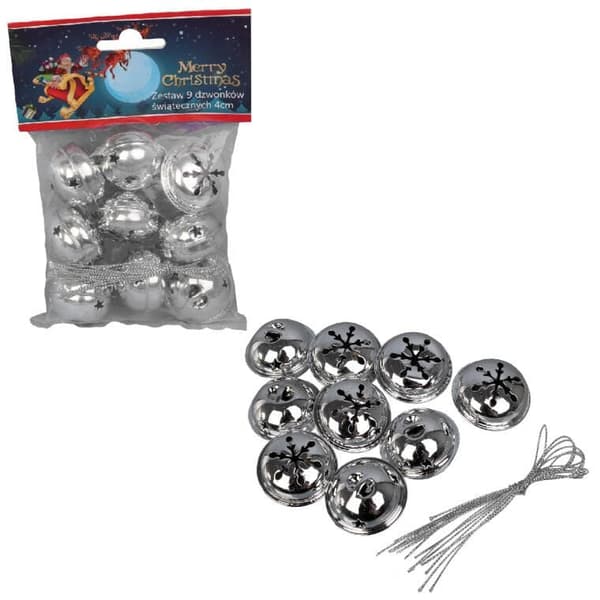 Set med 9 silverfärgade julgranklockor - Juldekorationer