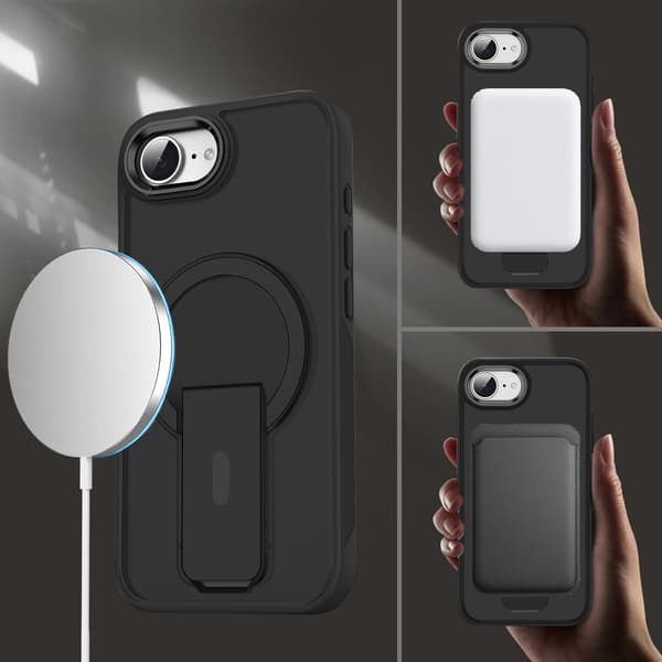 Etui til iPhone 17e / 16e, Kickstand Matt Cover, til MagSafe, sort