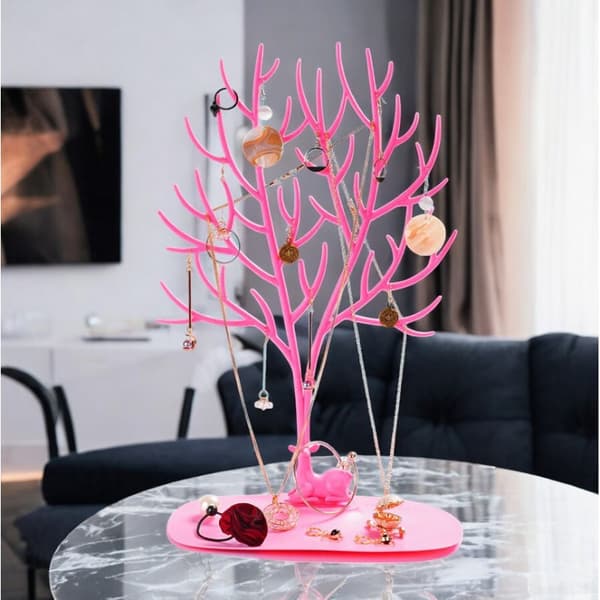 Stor smyckesdisplay - halsband, ringar, rosa trä E32R
