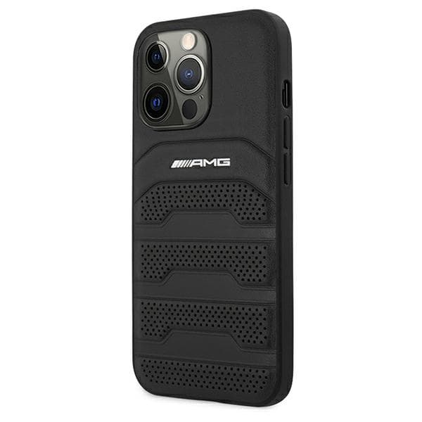 AMG lædercover med prægede linjer og sort logo til iPhone 13 Pro, sort