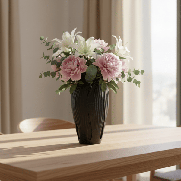 Dekorativ bladformet sort vase til blomster, moderne design