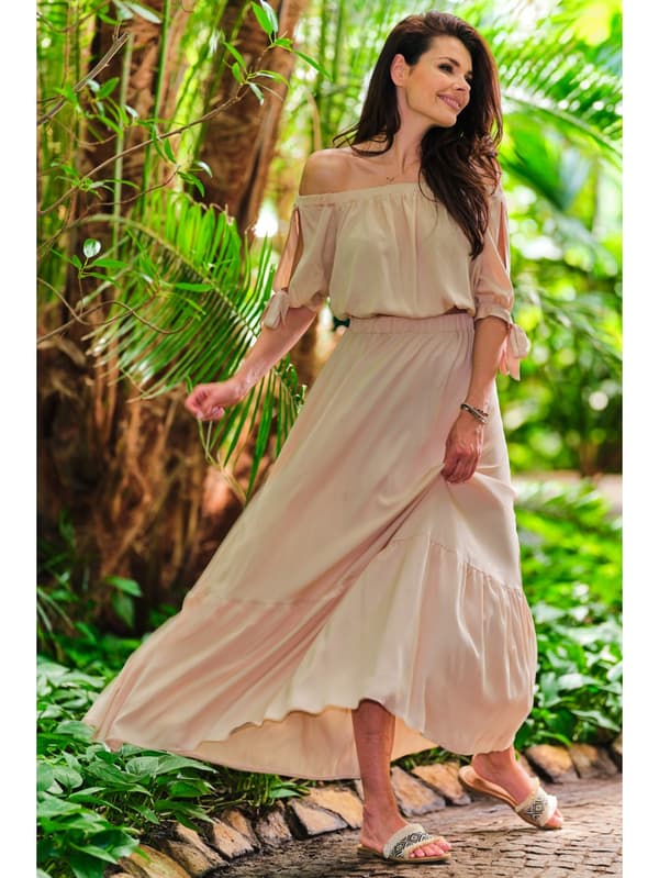 Sommar, luftig viskosmaxikjol, beige L/XL