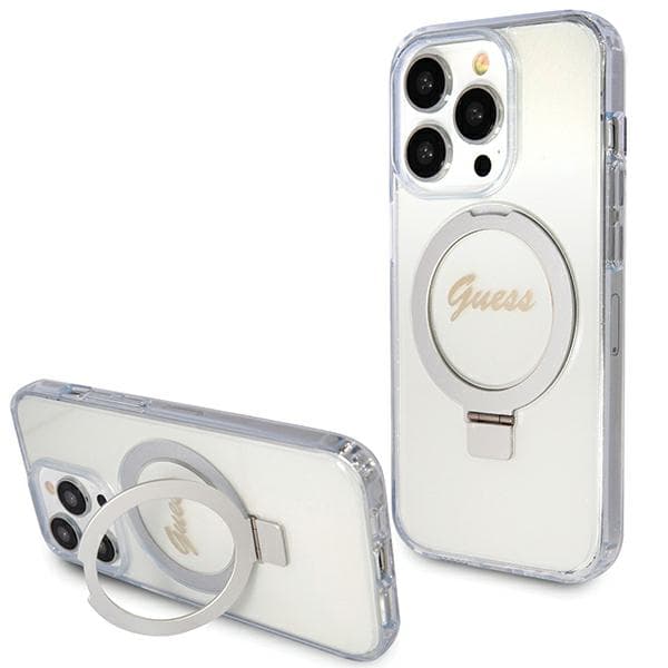 Guess Ring Stand Script Glitter MagSafe -kotelo iPhone 15 Prolle, kirkas