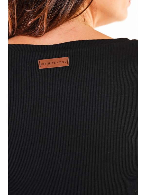 Basis bomuldsbluse med V-hals og ribstrik, sort M