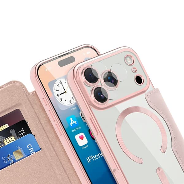 iPhone 17 Pro Flipfodral, RFID-plånbok MagSafe med kameraskydd, rosa