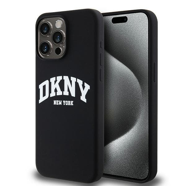 DKNY Liquid Silicone White Printed Logo MagSafe-etui til iPhone 15 Pro Max, sort