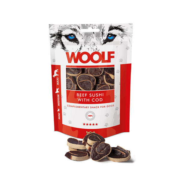 Woolf Hundgodis Sushi Nötkött Torsk Mini Medium Maxi Breed 100g