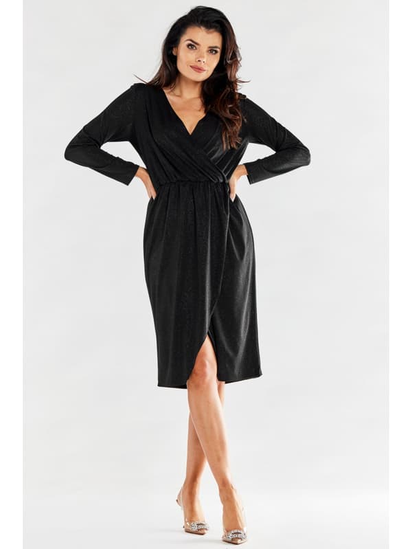 Glitter wrap midikjole med lange ærmer, sort XL