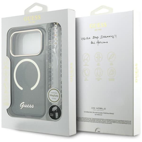 Guess IML Glitters Script Strap MagSafe-skal till iPhone 17 Pro Svart