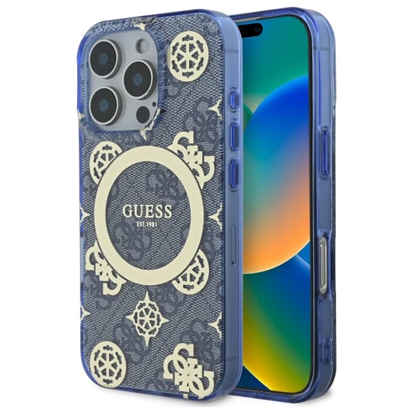 Guess IML Peony On 4G Background MagSafe-etui til iPhone 16 Pro Max, blå