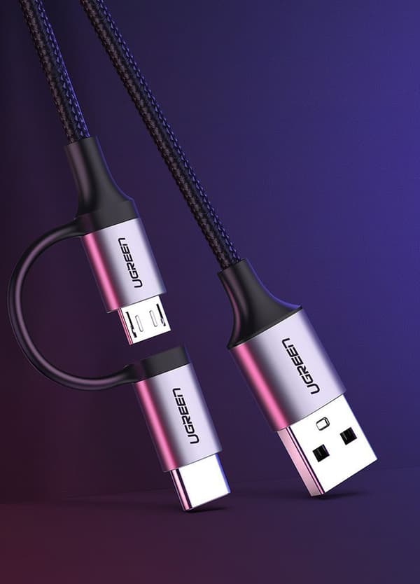 2-i-1-kabel med stark flätad USB - microUSB + USB-C 1m 2.4A svart