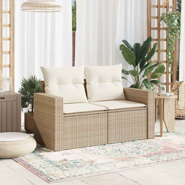 vidaXL Trädgårdssoffa med kuddar, 2-sits, beige, polyrotting