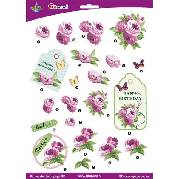 3D decoupage papir blomster pæoner ark