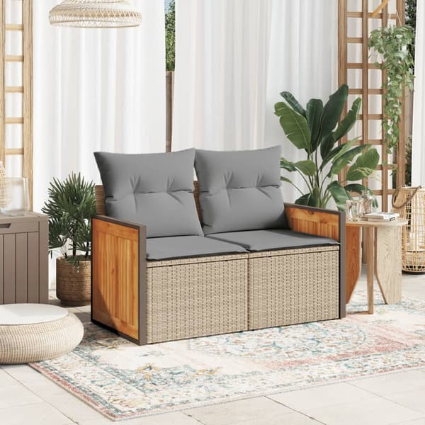 vidaXL Trädgårdssoffa med kuddar, 2-sits, beige, polyrotting