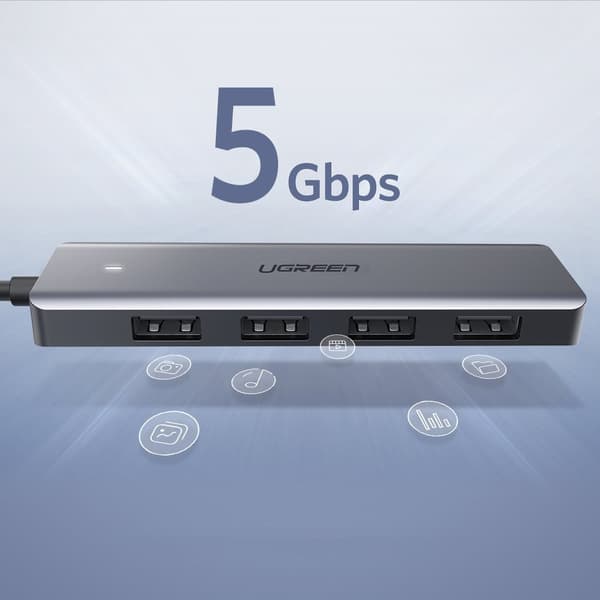 HUB USB Port Splitter - 4x USB 3.2 med Micro USB Strømport Grå