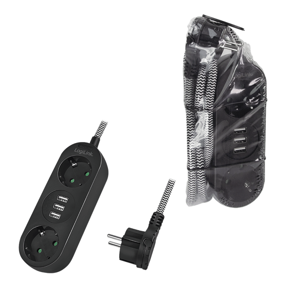 2-vejs strømskinne, 2x CEE 7/3 + 3x USB-A, tekstilkabel, sort