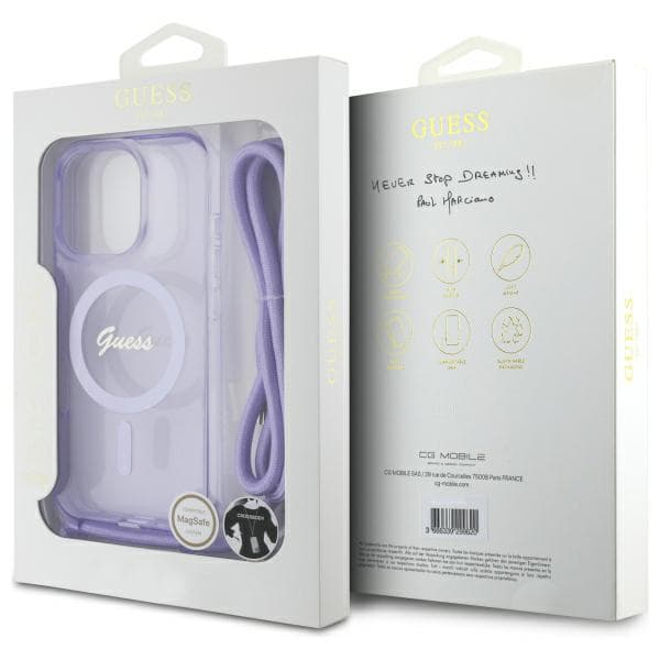 Guess Crossbody Cord Script MagSafe-etui til iPhone 16 Pro Max, lilla