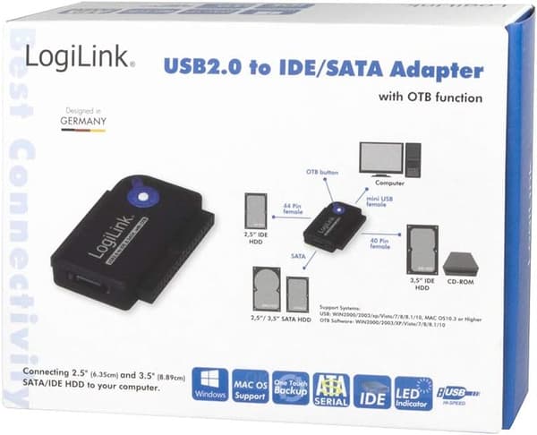 LogiLink SATA USB 2.0 -sovitin IDE SATA 2.5/3.5 -kiintolevyille, OTB-virtalähde