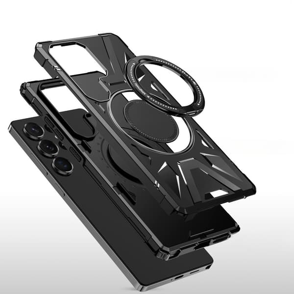 Etui til Samsung Galaxy S25 Ultra, armeret med stativ og plade til holder, sort