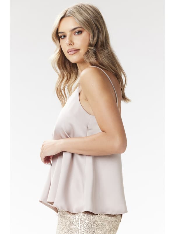 Satin top med V-hals og stropper - beige M
