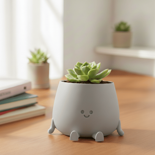 Dekorativ urtepotte med et smil, grå, til planter, moderne design