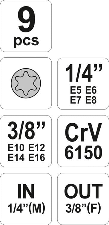 Torx topnøglesæt E5-E16, 9 stk. / YT-0520 / YATO