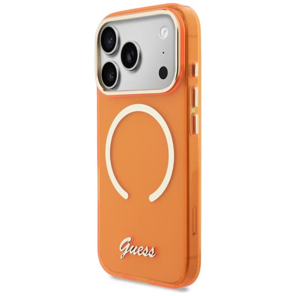 Guess IML Script Metal MagSafe -kotelo iPhone 17 Prolle, oranssi