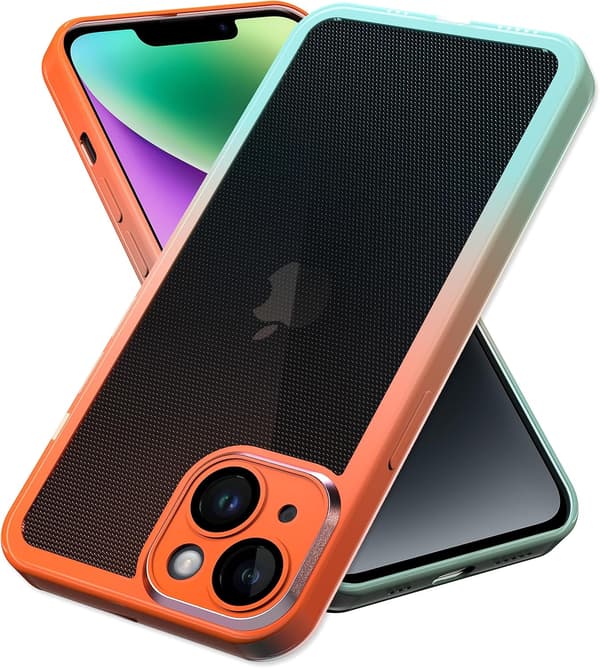 iPhone 14 Plus cover med pansret mønster i sort og orange