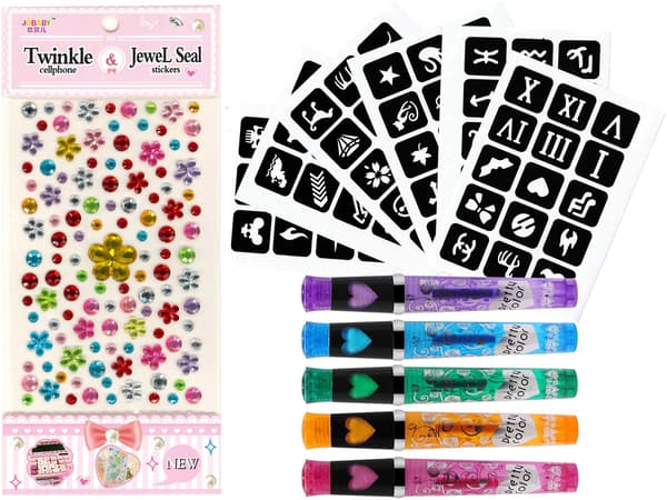 Glitter-tatuointipakkaus, glitter-tatuointisapluunat, tarrat