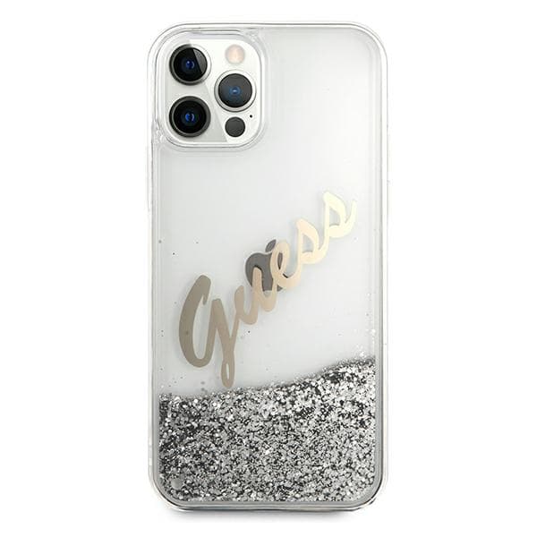 Guess Glitter Vintage Script-skal till iPhone 12 Pro Max, silver/silver
